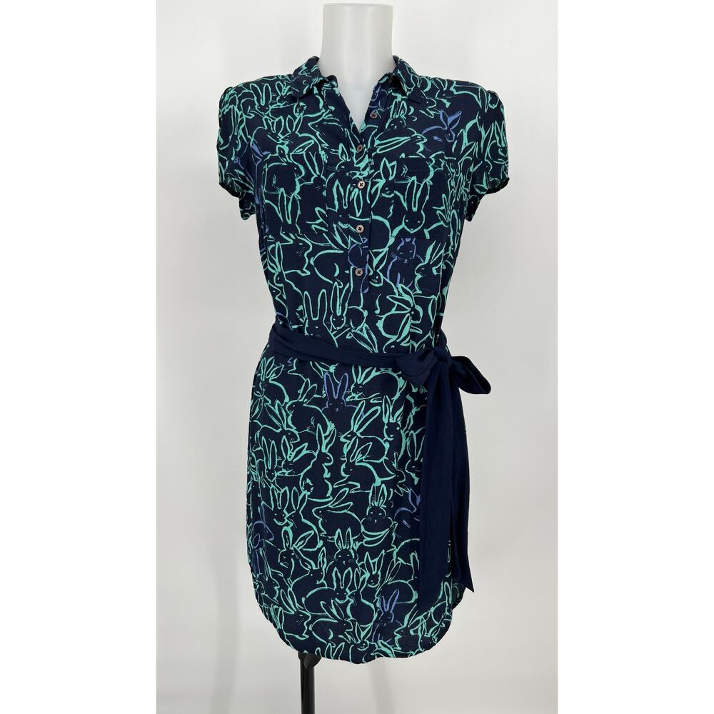 Anthropolorie Maeve Shirt Dress Women 4 Blue Rabbit Bunny Crepe Franziska Belted
